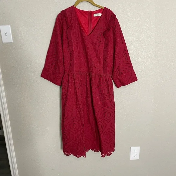 Roolee Burgundy Eyelet 3/4 Sleeve Dress - Picture 3 of 10